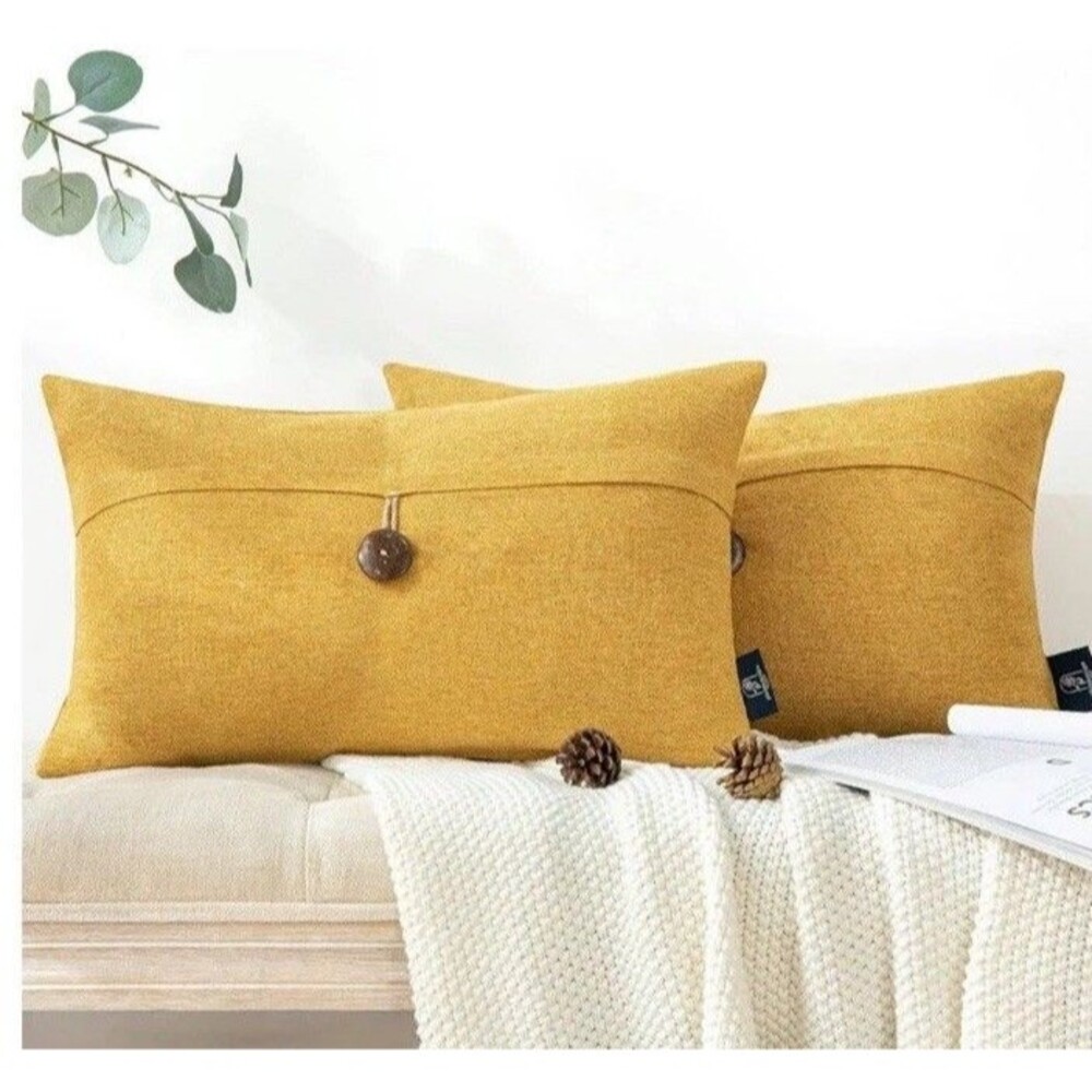 Set of 2 Vintage Modern Farmhouse Pillow Covers 20x20 Mustard Yellow with Button